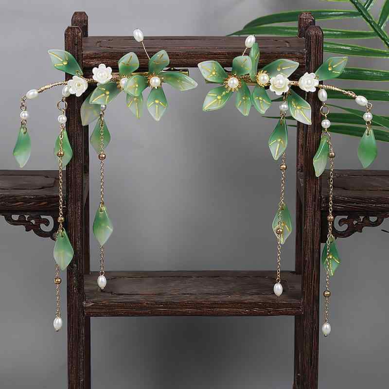 髪飾り レディース 上品 エレガント 清涼感 古風 レトロ 瑠璃 グリーン グラデーション リーフモチーフ タッセル 房飾り 普段使い デイリーユース ヘアクリ...