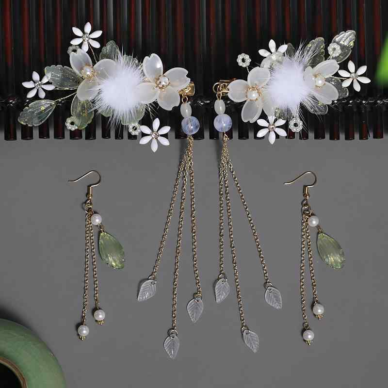 ヘアアクセサリー レディース 漢服風 髪飾り セット 妖精風 白 羽 フェザー 花 フラワー タッセル フリ..