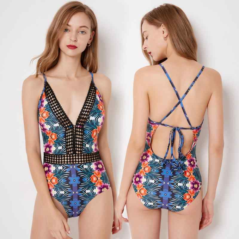 ワンピース水着 レディース 欧米風 セクシー バックレス 温泉 プール ビーチ 速乾 高伸縮性 パッド付き ノンワイヤー 体型カバー プリント柄 ブルーグリーン(x2)