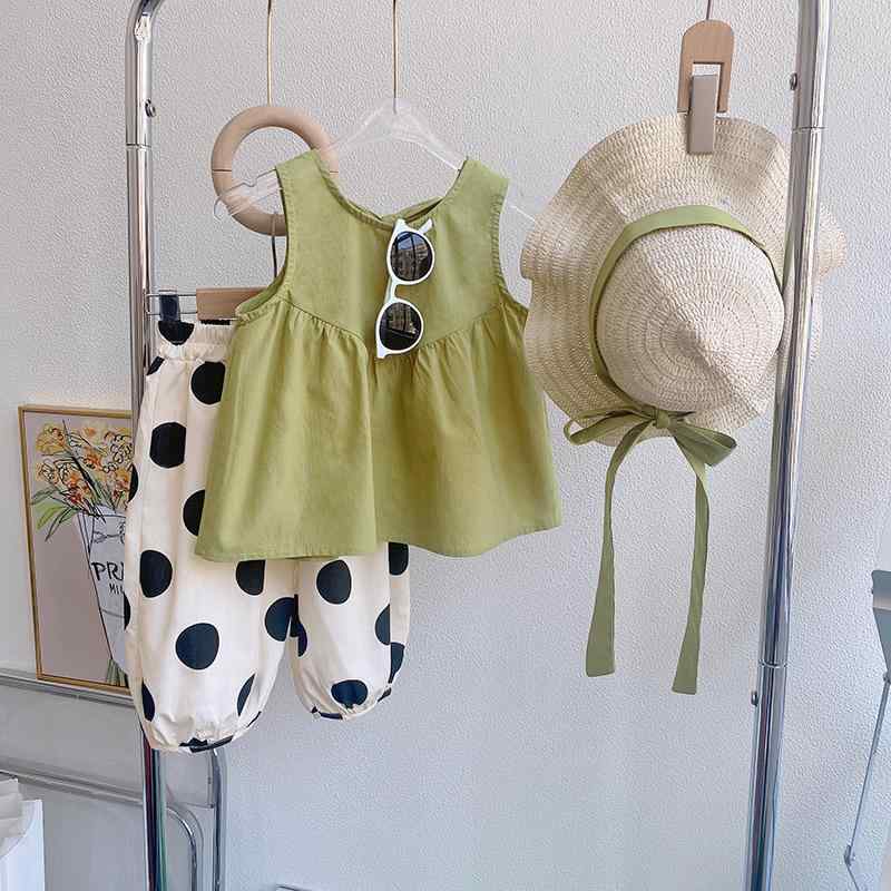 キッズ 女の子 セットアップ 小学生 春夏 薄手 綿100% カジュアル 韓国子供服 ノースリーブ トップス ドット柄 ワイドパンツ 上下セット