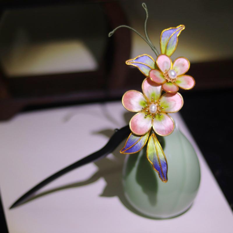 ヘアアクセサリー パール フィリグリー 桃の花 黒檀 シルク ベルベットフラワー レトロ アンティーク かんざし ヘアコーム 髪飾り 和装小物 着物 浴衣 チャ...