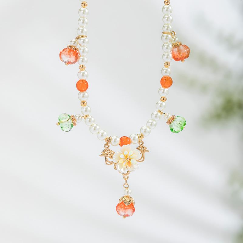 ネックレス レディース ハンドメイド パール 琉璃ビーズ 古風 漢服 宋代 瓔珞 フルーツモチーフ かぼち..