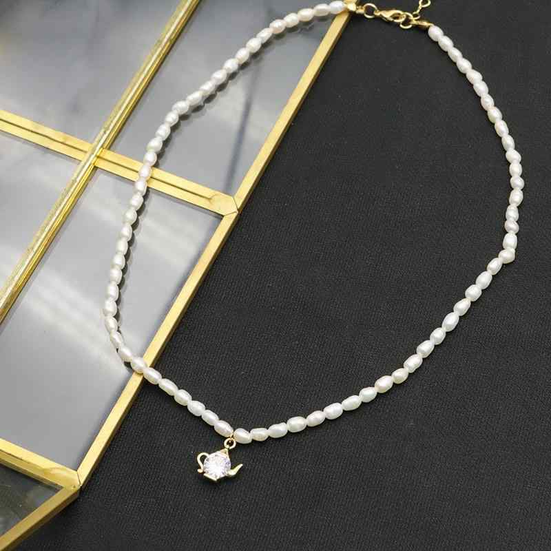 ネックレス レディース 天然パール ジルコニア ティーポットモチーフ 鎖骨チェーン ショート 華奢 高級..