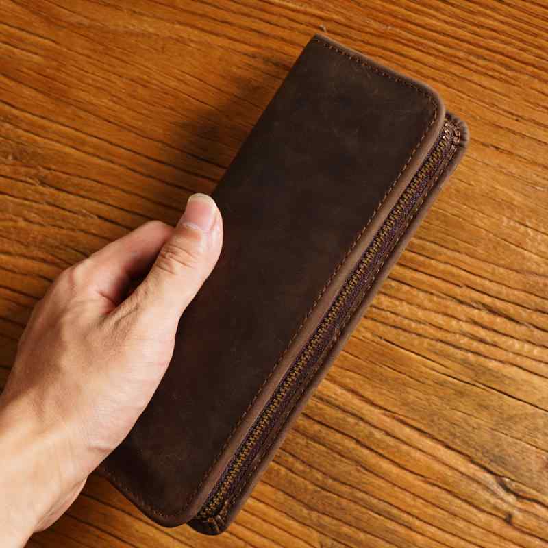 ペンケース 本革 クレイジーホースレザー レトロ ヴィンテージ 大容量 多機能 おしゃれ メンズ レディース 兼用 文房具 収納 革製 ファスナー付き 筆箱 小物入れ ブラック ブラウン