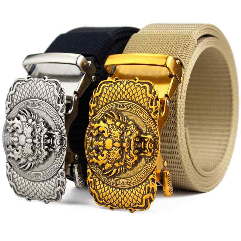 ベルト メンズ 男性用 自動バックル タクティカル ナイロン キャンバス レトロ カジュアル アウトドア 電気メッキ 合金バックル ドラゴンヘッド 動物柄 編み込み