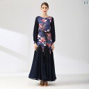 社交ダンスドレス レディース エレガント 芙蓉花柄プリント ランタンスリーブ タンゴ モダンダンス スタンダードダンス 競技会 発表会 レッスン着 再生繊維 シ...