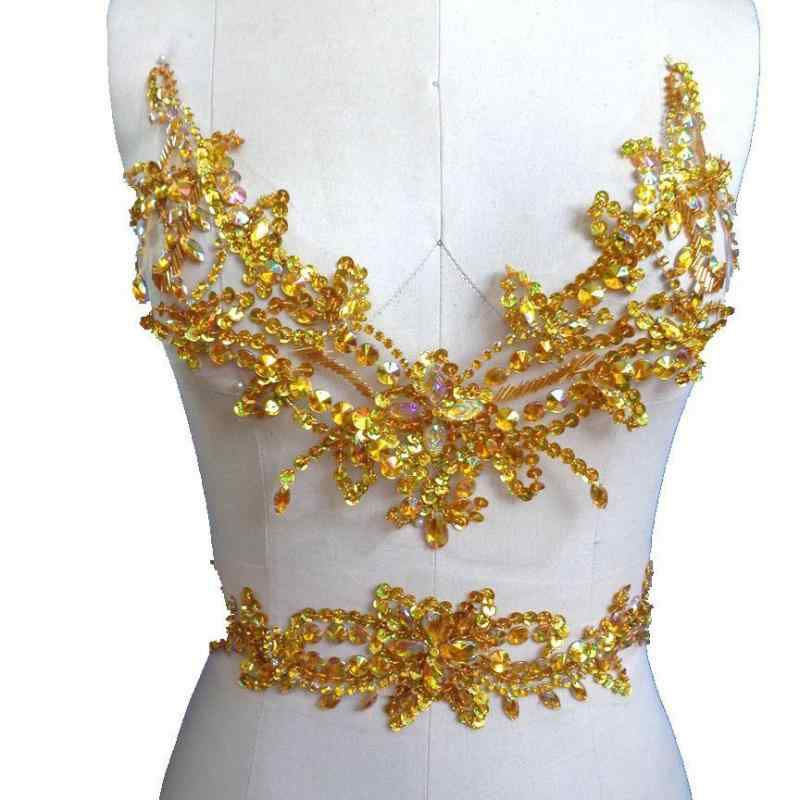 アップリケ ハンドメイド マルチカラー 白色メッシュベース Vネック スパンコール ラインストーン ウエ..