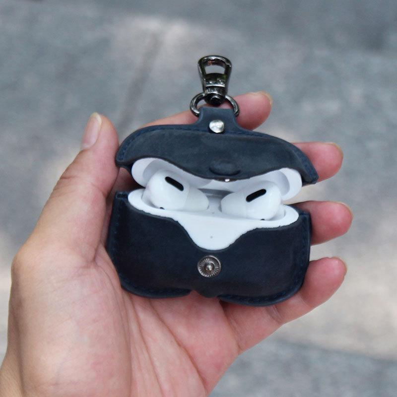 イヤホンケース AirPods Pro 本革 レザー 耐衝撃 落下防止 全面保護 カラビナ付き ブルー ワイヤレスイヤホン保護カバー