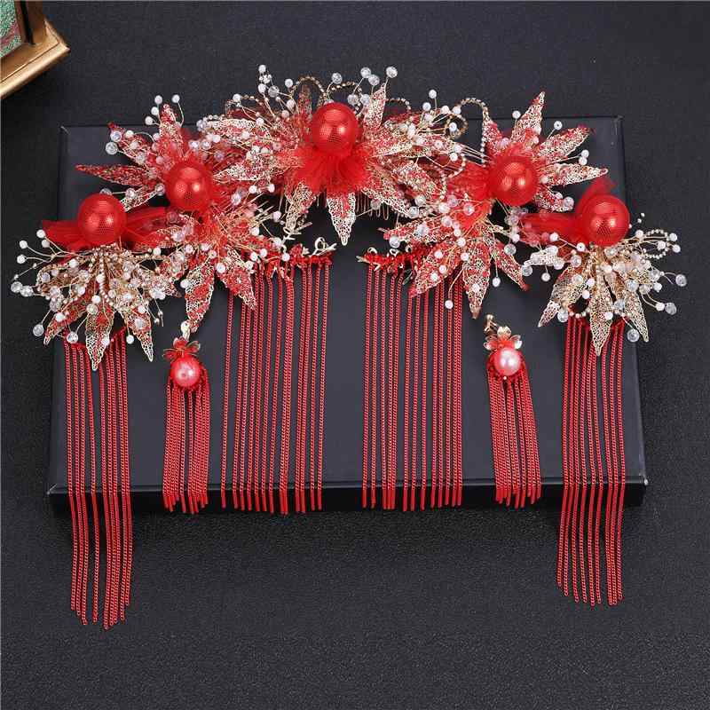 ヘッドドレス レディース 花嫁 ブライダル ウェディング 中華風 レトロ 宮廷風 花柄 秀禾服 チャイナドレス 結婚式 披露宴 前撮り 赤 レッド 鳳凰冠 髪飾り 耳飾り 7点セット シンプル 上品 華やか 丸顔向け 手作り 合金製