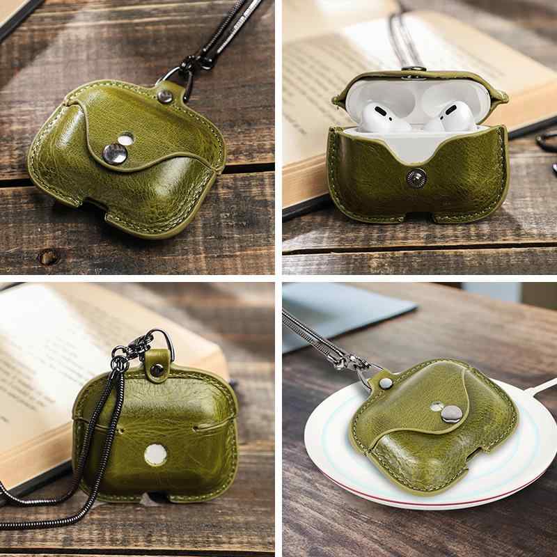 イヤホンケース AirPods Pro AirPods 第3世代対応 本革 Bluetooth 紛失防止ストラップ グリーン ブラック