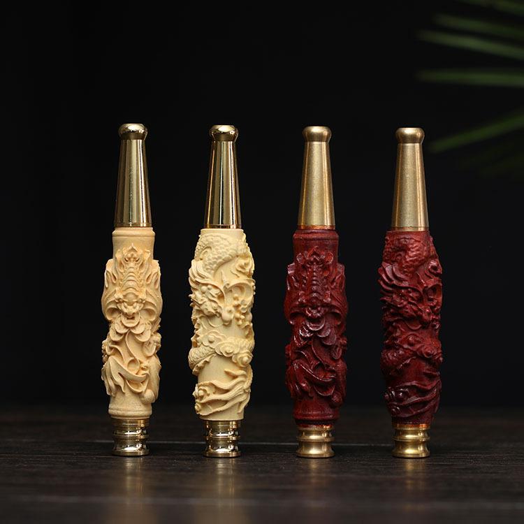 喫煙具 天然銘木 煙管 紅木 黄楊木 血檀 金糸楠 精巧彫刻 龍 コウモリ 古銭 細工 父の日 敬老の日 プレ..
