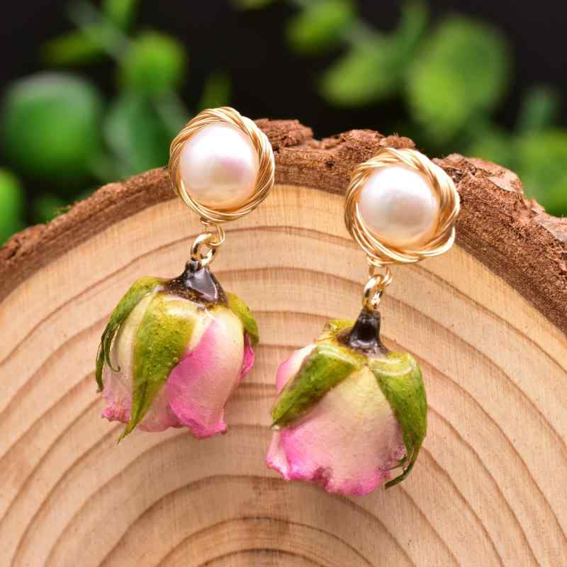 ピアス レディース 925純銀針 手作り 淡水パール プリザーブドフラワー 天然 高級感 通勤用 シンプル ..