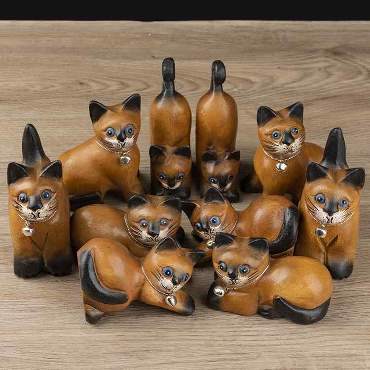 置物 手彫り 木彫り 猫 ねこ 東南アジア アジアンテイスト 天然チーク材 無垢材 卓上 デスク リビング 玄関 おしゃれ かわいい インテリア オブジェ ギフト プレゼント