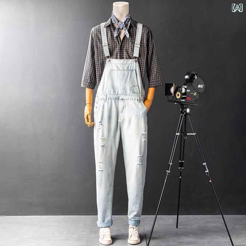 デニム オーバーオール メンズ ユニセックス レトロ ワークウェア ライトカラー ウォッシュ加工 若見え サロペット オールインワン 綿 オールシーズン