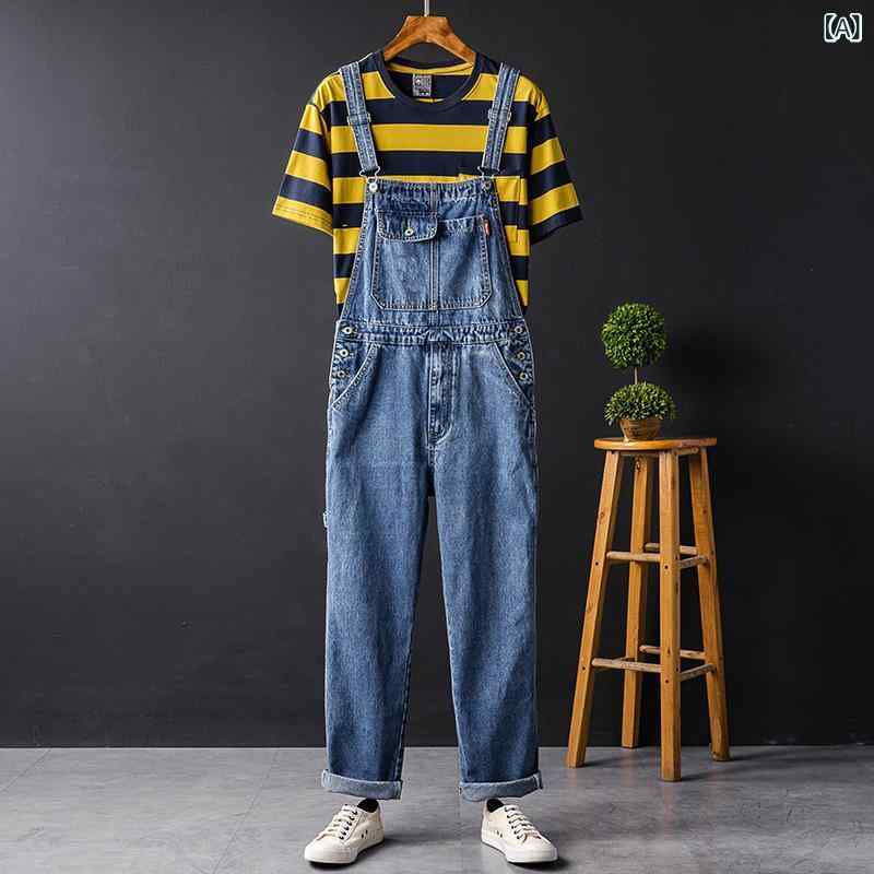オーバーオール メンズ デニム サロペット ゆったり ルーズ ストレート ワークスタイル ヒップホップ レトロ ユーズド加工 ノンアイロン オールシーズン ブルー