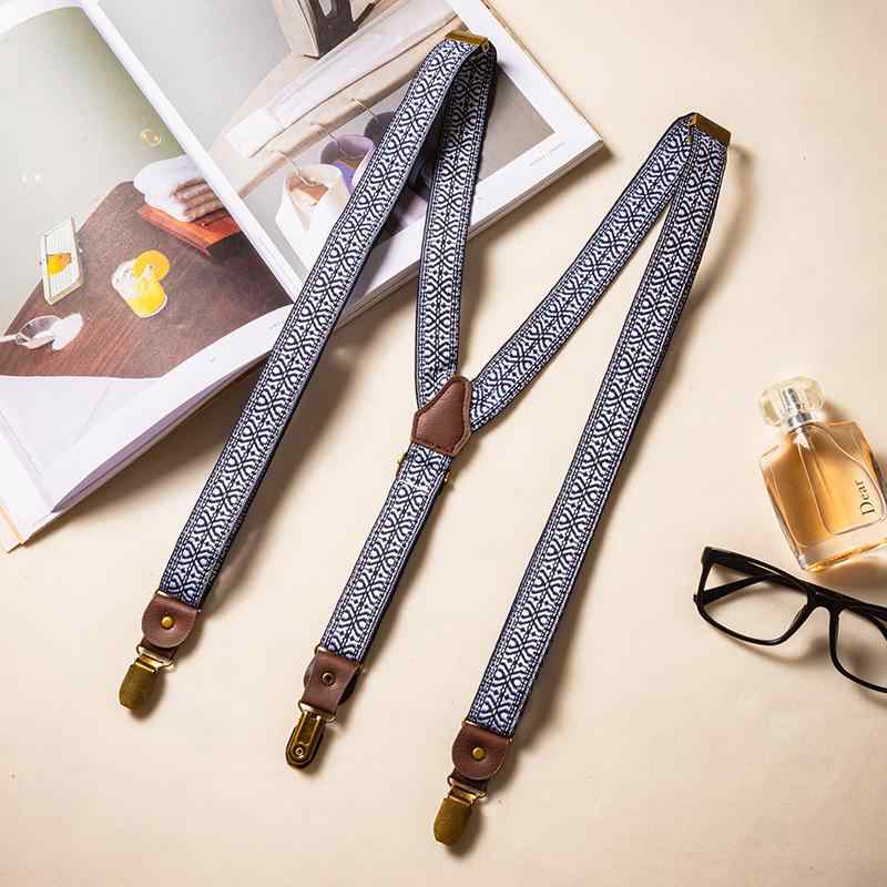 サスペンダー 男女兼用 強力 滑り止め Y型 3クリップ レトロ エスニック柄 織物 長さ調節可能 普段使い..