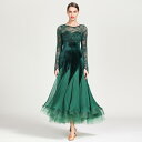 競技ダンスドレス レディース アシンメトリーデザイン レース 長袖 上品 エレガント モダン スタンダード 発表会 練習着 ベルベット シフォン素材 レッド ブラック ダークグリーン