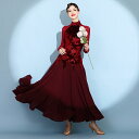 ドレス レディース 伸縮性 ストレッチ ベルベット ベロア プリント 柄入り 社交ダンス モダンダンス ワルツ スタンダード 発表会 競技会 ワインレッド ネイ...