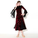 社交ダンスドレス レディース エレガント 上品 光沢ベロア ワルツドレス モダンドレス チャイナドレス風 切り替えデザイン 秋 ワインレッド ネイビー S M ...