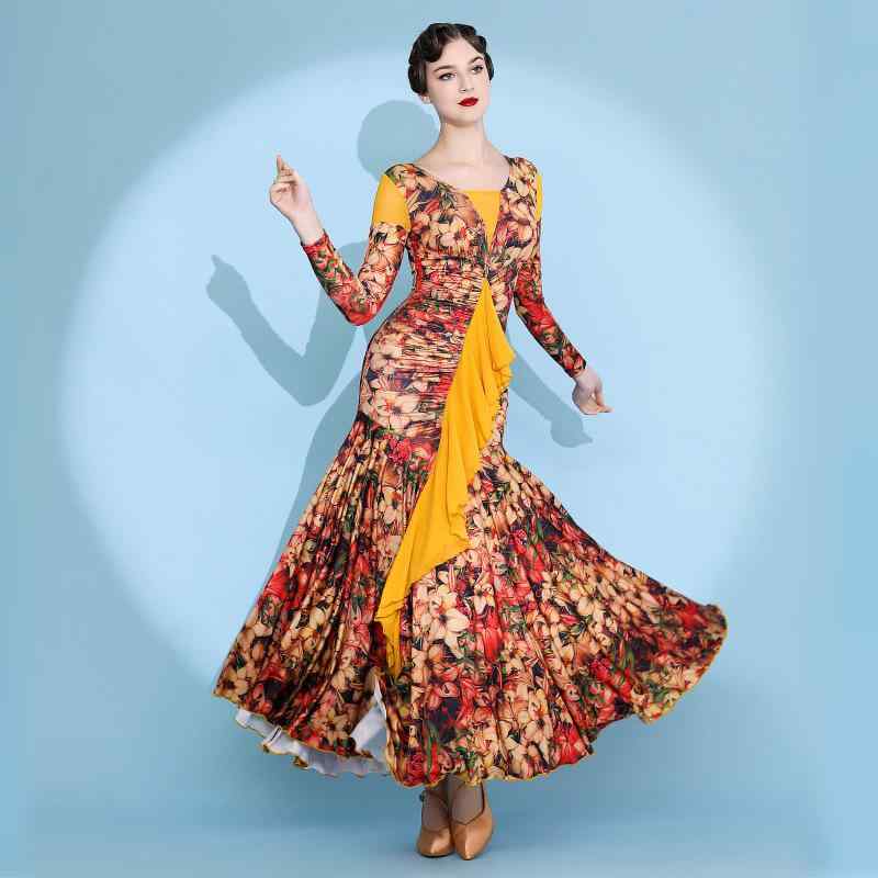 社交ダンスドレス レディース モダンダンス ワンピース 長袖 ワルツ フレア ロング丈 再生繊維 メッシ..