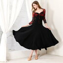 社交ダンスドレス レディース 暗夜パリ モダンダンス スタンダード ワルツ 競技会 発表会 ビッグフレア ロング丈 ストレッチ ウエストリボン エレガント 上品...