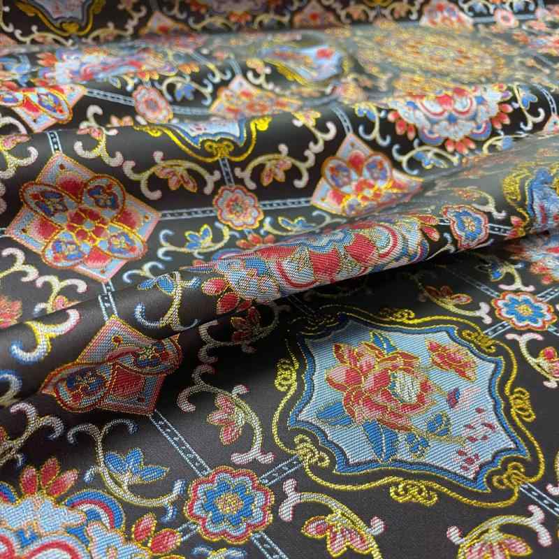 生地 宋錦風 織金 ジャカード織 シルク調 ポリエステル 蓮柄 天華文様 ブラック 148cm幅広 ベスト アウ..