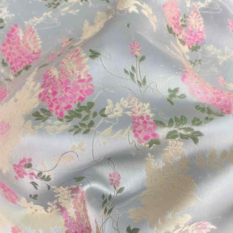 生地 新中華風 桑蚕シルク 錦織 ブルー地 藤の花模様 幾何学模様 ジャガード織り 広幅 高級感 手芸 ハ..