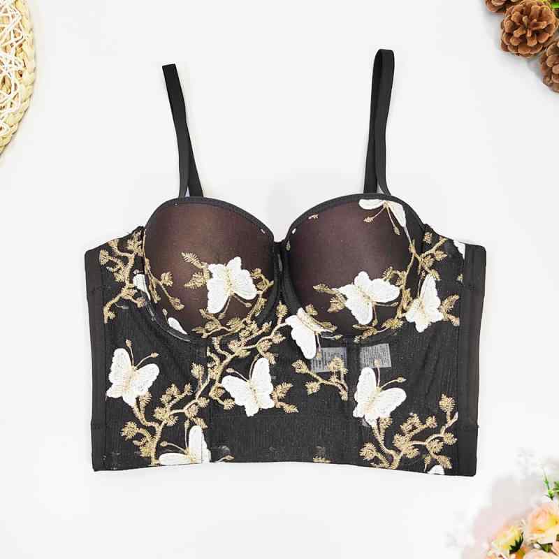 ブラレット レディース 立体蝶刺繍 シアー レースメッシュ ストラップ 取り外し可能 ショート丈 トップス エレガント 大人 通勤 オフィス きれいめ ピンク ブラック