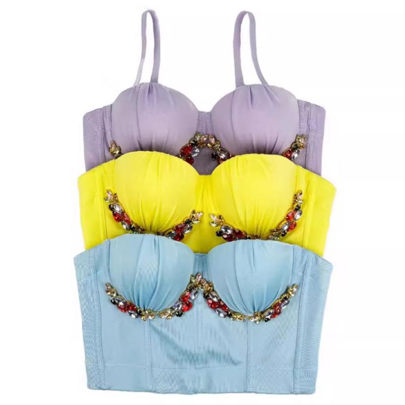 ビスチェ レディース カップ付き パッド内蔵 バストアップ ボーン入り プリーツ ビーズ装飾 チェーン ロックテイスト ストラップ取り外し可能 ショート丈 スリムフィット セクシー ストリートファッション インナー 重ね着 ポリエステル 伸縮性 多色展開