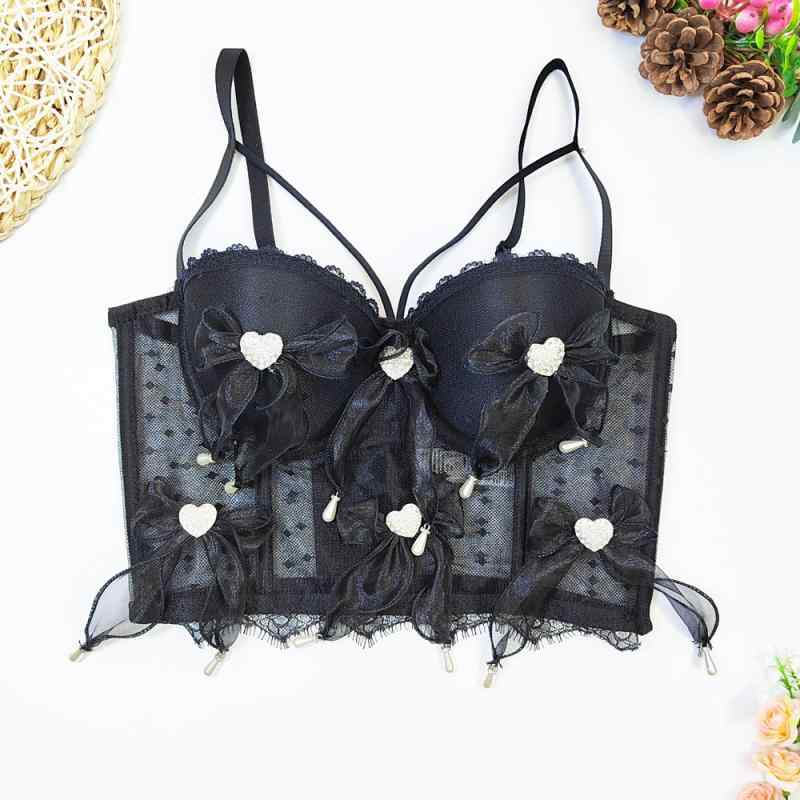 ビスチェ レディース ワイヤー入り ボーン入り プッシュアップ 補正 快適 通気性 美背デザイン シースルー リボン ラインストーン レース セクシー ドレスインナー パーティー 3/4カップ