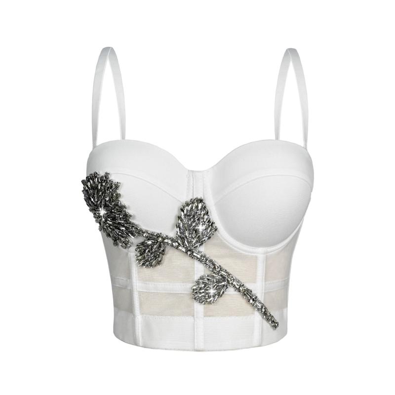 ビスチェ レディース 立体ラインストーン 花柄 フィッシュボーンデザイン ボディシェイプ スリムフィット クロップ丈 取り外し可能ストラップ セクシー ギャル ストリート系 欧米風 ポリエステル素材 キャミソール