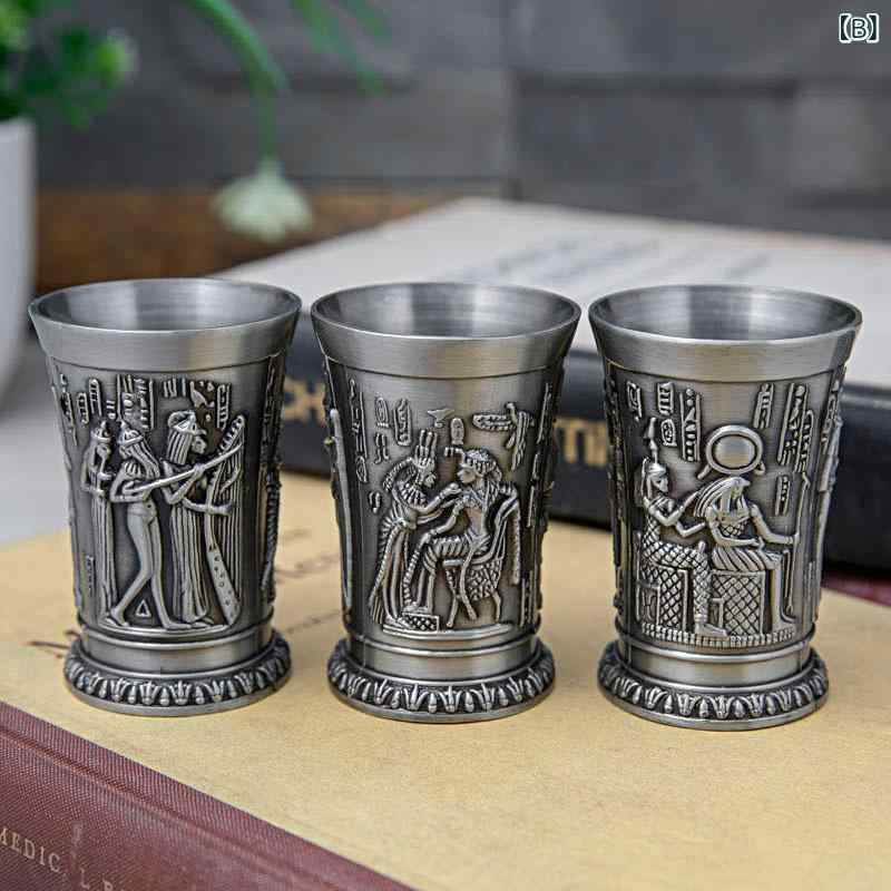 ショットグラス 亜鉛合金製 エジプト ファラオ 古代エジプト トーテム文様 アンティークシルバー 上品なレトロ ヨーロピアンアンティーク風 金属工芸品 コレクション ディスプレイ インテリア おしゃれ プレゼント ギフト ミニグラス [3]