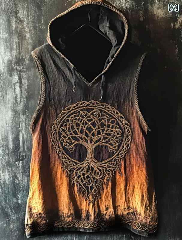 Tシャツ メンズ 接触冷感 通気性 速乾 薄手 夏 ゆったり ノースリーブ フード付き 丸首 麻風 カジュアル タウンユース 3D エスニック アニマル柄 デジタルプリント