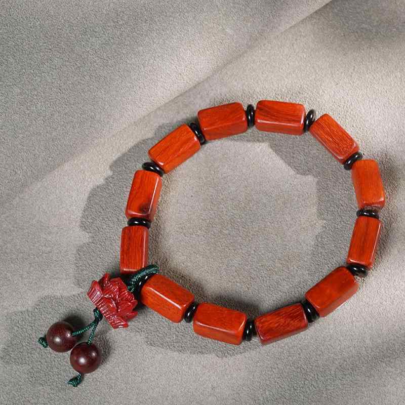 ブレスレット 男女兼用 紅花梨 キューブビーズ ロングビーズ 朱砂 蓮の花 研磨加工 一連 仏教数珠 お守..