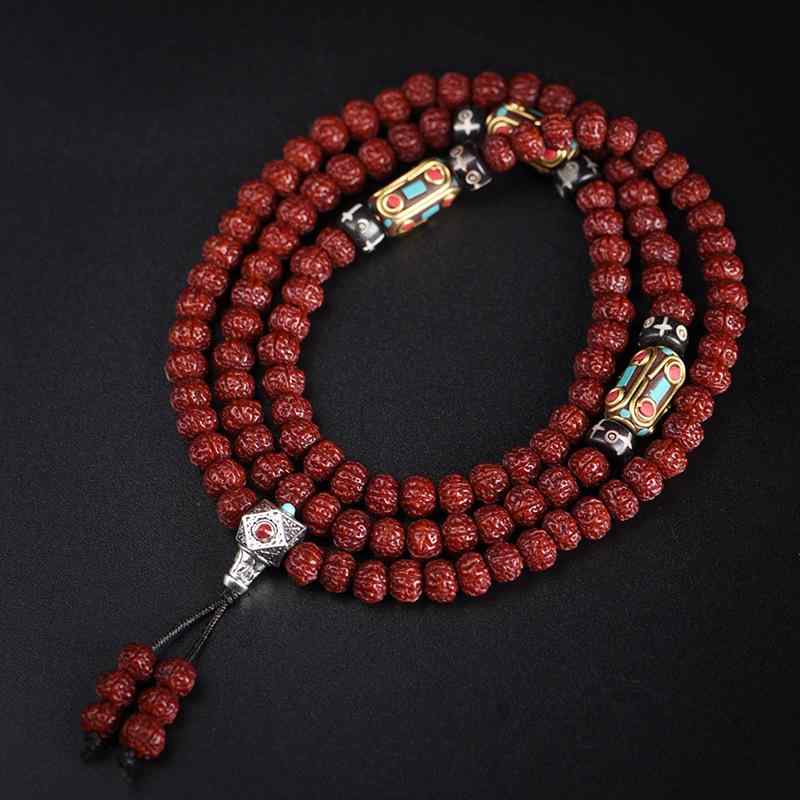 ブレスレット 男女兼用 金剛菩提 コレクション 機械研磨 瑪瑙化 光沢加工 ヴィンテージ 数珠 念珠 アクセサリー 菱形 トーテム 軽奢 上質カジュアル 黒 赤...