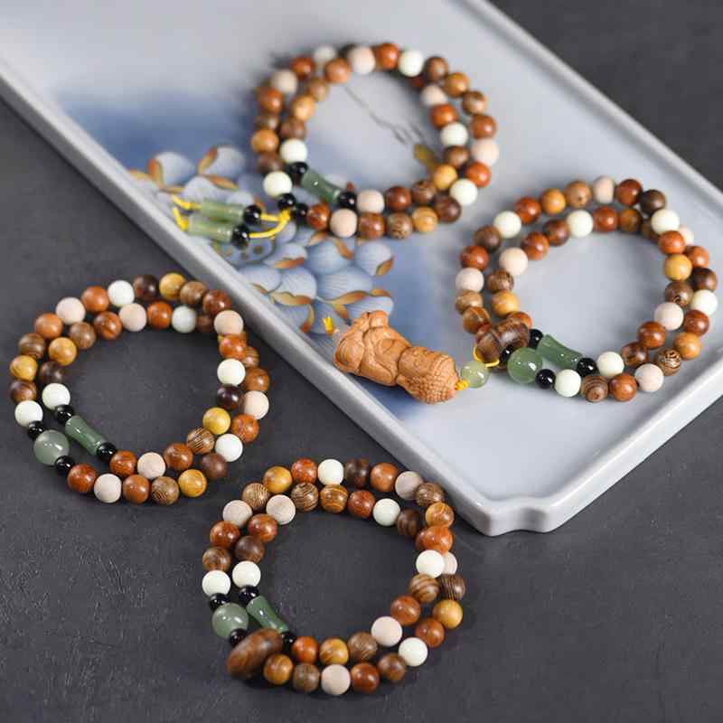 ブレスレット 男性用 女性用 檀木 サンダルウッド 多宝珠 二重巻き 数珠 念珠 仏具 瞑想 コレクション アジアンテイスト スライダー付き お守り 魔除け 開運