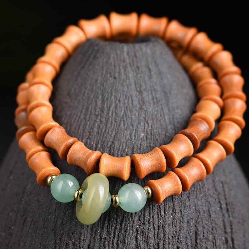 ブレスレット 男女兼用 ユニセックス 天然木 サンダルウッド 白檀 竹節デザイン 2連 数珠 念珠 仏珠 研磨仕上げ エスニック 新和風