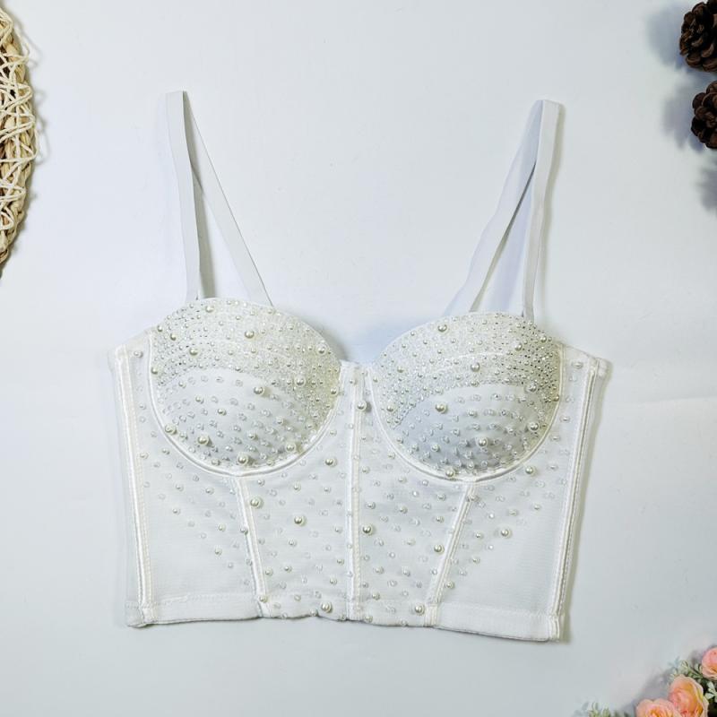 ブラトップ キャミソール レディース 通気速乾 シームレス カップずれ防止 伸縮性 ボーン入り メッシュ セクシー 大胆オープンバック ビーズ ラインストーン 取外し可能ストラップ アウター スリムフィット 通勤 ホワイト