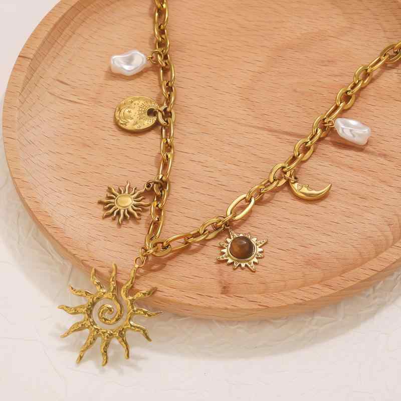 ネックレス ユニセックス 男女兼用 太陽 ペンダント タイガーアイ ステンレス製 電気メッキ加工 色落ちしにくい 軽やか 高級感 個性的 エキゾチック レトロ ファッション O字チェーン 春夏 アクセサリー