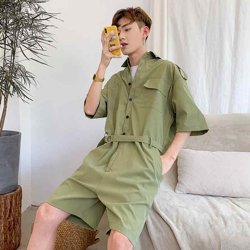 メンズ サロペット 半袖 ワークウェア ゆったり ルーズフィット レトロ ヴィンテージ ハーフパンツ オーバーオール 春夏 日系 カジュアル コットンブレンド ストレッチ