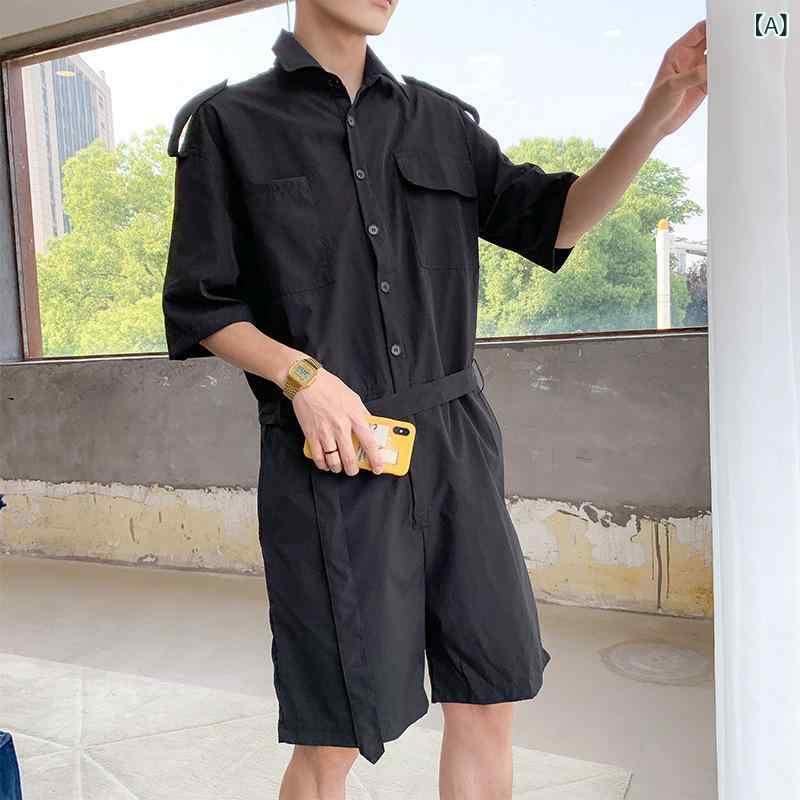メンズ サロペット 半袖 ワークウェア ゆったり ルーズフィット レトロ ヴィンテージ ハーフパンツ オーバーオール 春夏 日系 カジュアル コットンブレンド ストレッチ