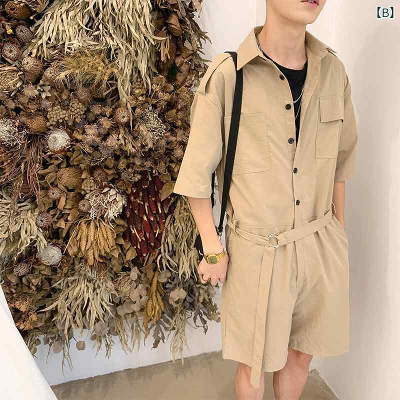 メンズ サロペット 半袖 ワークウェア ゆったり ルーズフィット レトロ ヴィンテージ ハーフパンツ オーバーオール 春夏 日系 カジュアル コットンブレンド ストレッチ