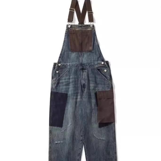 オーバーオール メンズ ゆったり ストレートシルエット デニム つなぎ 切り替えデザイン ビッグポケッ..