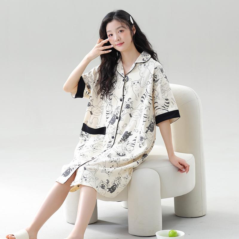 ルームウェア レディース コットン100% 春夏 通気性 快適 涼しい 前開き 襟付き 半袖 ミモレ丈 シャツワンピース 大きいサイズ パジャマ ワンマイルウェア