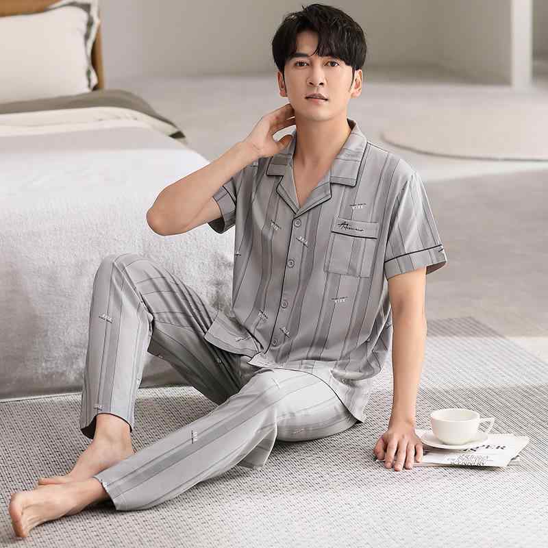 ルームウェア メンズ パジャマ 高級感 接触冷感 涼感 ストレッチ 綿100% 通気性 快適 前開き 半袖 長パンツ 抗菌 部屋着 男性用 夏