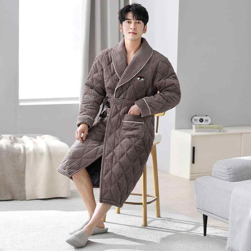 パジャマ メンズ 極厚 三層 中綿入り サンゴフリース あたたかい 冬用 ロング丈 Vネック 長め ナイトガウン バスローブ 部屋着 ルームウェア ふわふわ 快適 保温 防寒
