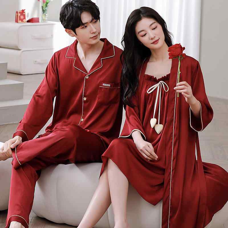 パジャマ カップル ペア 接触冷感 薄手 涼しい 快適 春夏用 ポリエステル ストレッチ素材 結婚式 ブライダル 新婚祝い 縁起の良い 赤色 レッド メンズ 長袖セットアップ レディース キャミソールワンピース ナイトガウン ローブ 部屋着