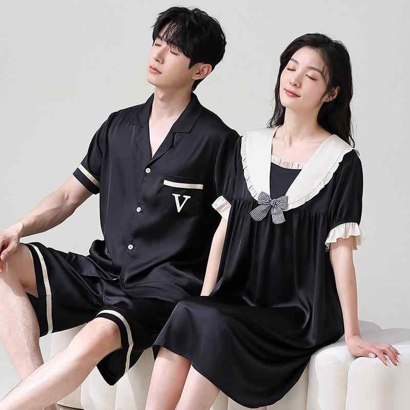 ルームウェア メンズ レディース ペア カップル 接触冷感 極薄 高級感 シルク調 プリンセス風 韓国風 半袖 快適 パジャマ ネグリジェ 部屋着 通気性 セットアップ ワンマイルウェア 春夏