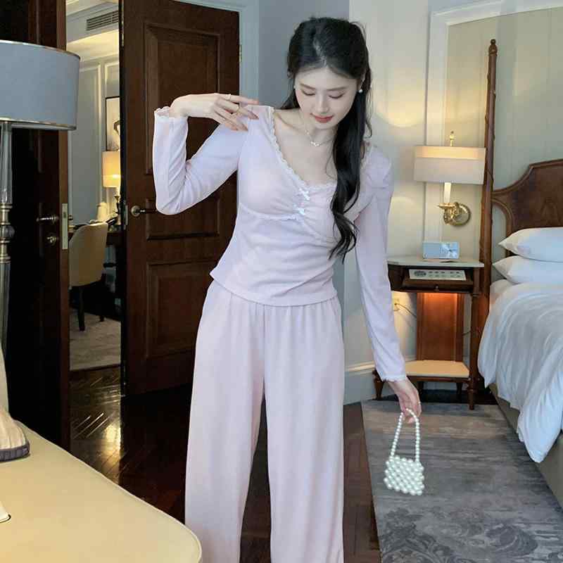 楽天モズラボパジャマ ルームウェア レディース 女性用 春 フレンチスタイル ニット リブ 2点セット セットアップ 長袖 長パンツ 薄手 胸パッド付き 外着OK ワンマイルウェア 快適 部屋着 寝間着 ミルクティー色 グレー