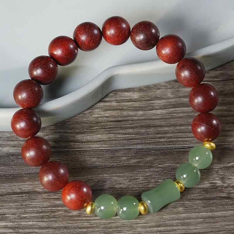 数珠ブレスレット 上品 エレガント 高級感 開運 厄除け お守り 血檀 レッドサンダルウッド 玉竹 竹節デザイン 緑 一連 パワーストーン 仏具 瞑想 贈り物